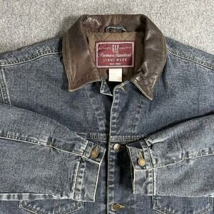 Vintage 90s GAP Denim Jacket Blanket Lined Leather Collar Men's Size L